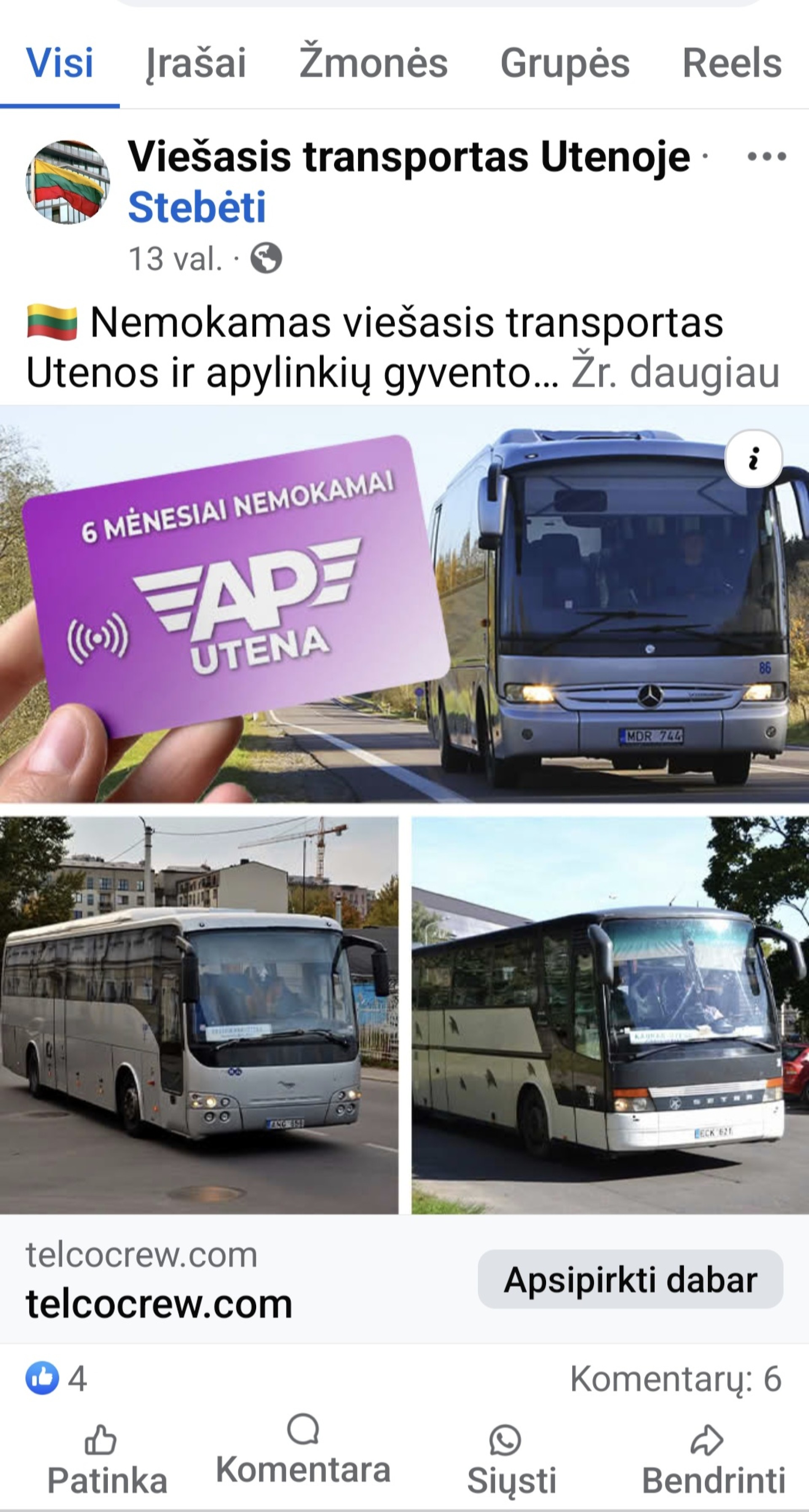 Soc. tinkluose platinama melaginga informacija (nuotraukoje) apie nemokamą viešąjį transportą Utenoje.
